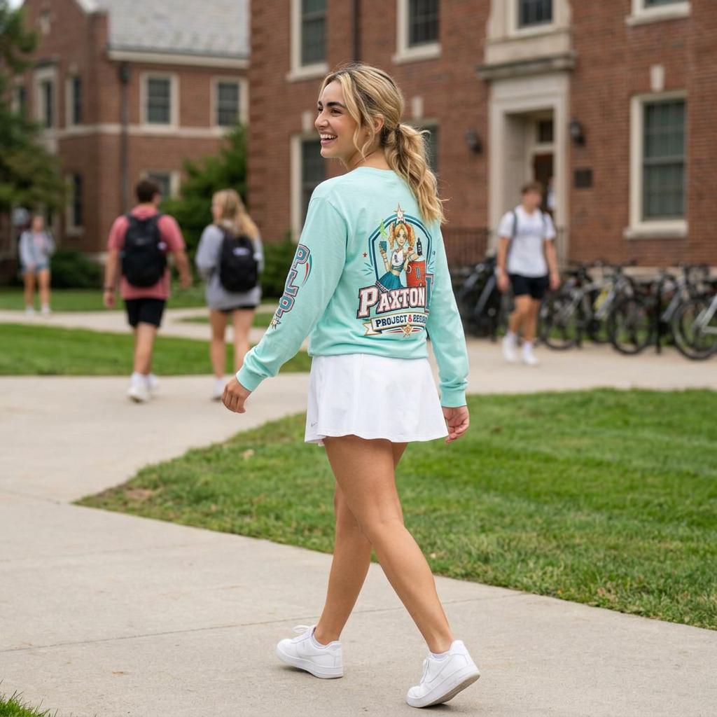 A woman walking on a campus path wearing a mint green long-sleeve Zora Paxie graphic shirt, a white pleated tennis skirt, and white sneakers, with a brick building and other students in the background.