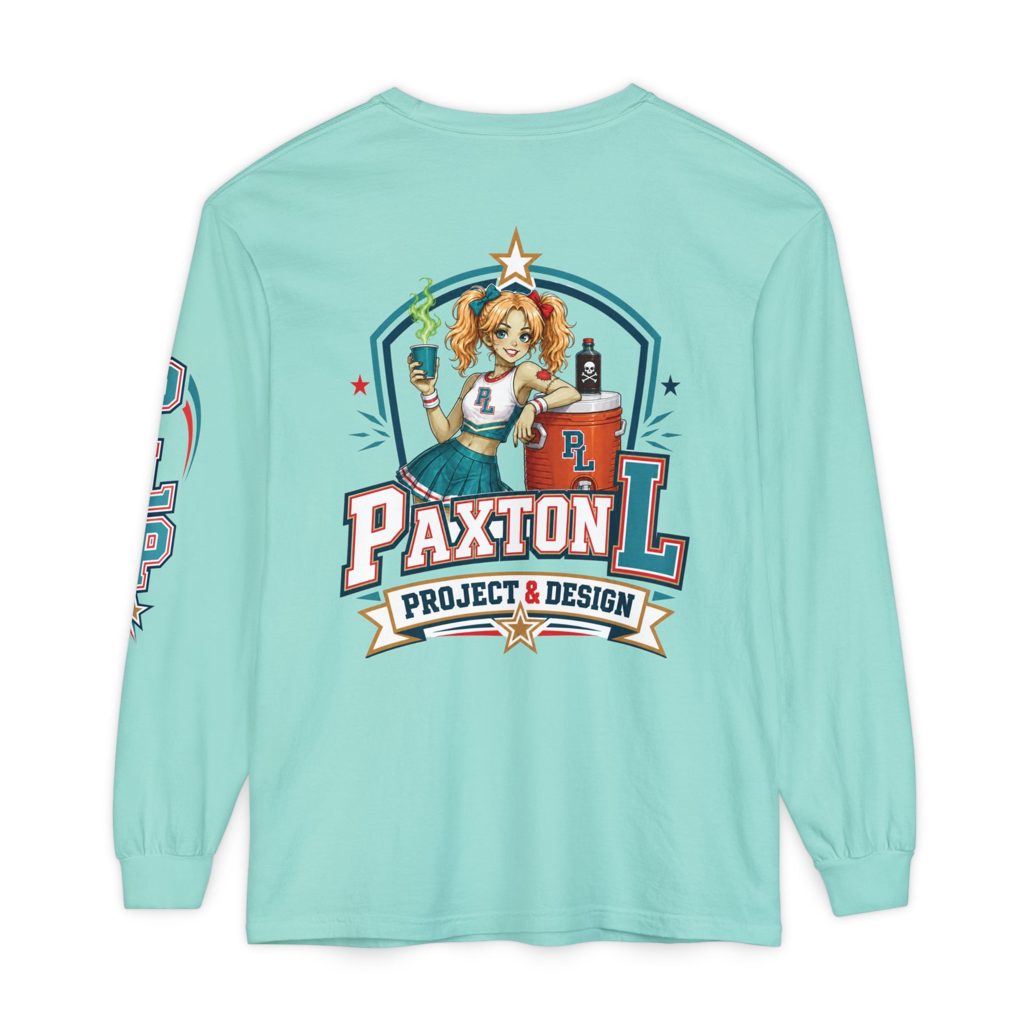 A green long-sleeve t-shirt shown from the back, featuring a large graphic print of a zombie cheerleader-style pin-up girl leaning on water cooler with the text 'PAXTON L PROJECT & DESIGN'.