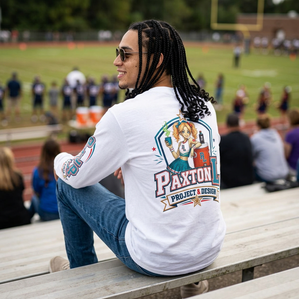 A man wearing a Zora Paxie long-sleeve graphic t-shirt with a colorful 'Paxton Project & Design' print on the back, sitting on wooden bleachers at a school football field.