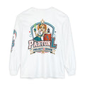 A white long-sleeve t-shirt shown from the back, featuring a large graphic print of a zombie cheerleader-style pin-up girl leaning on water cooler with the text 'PAXTON L PROJECT & DESIGN'.