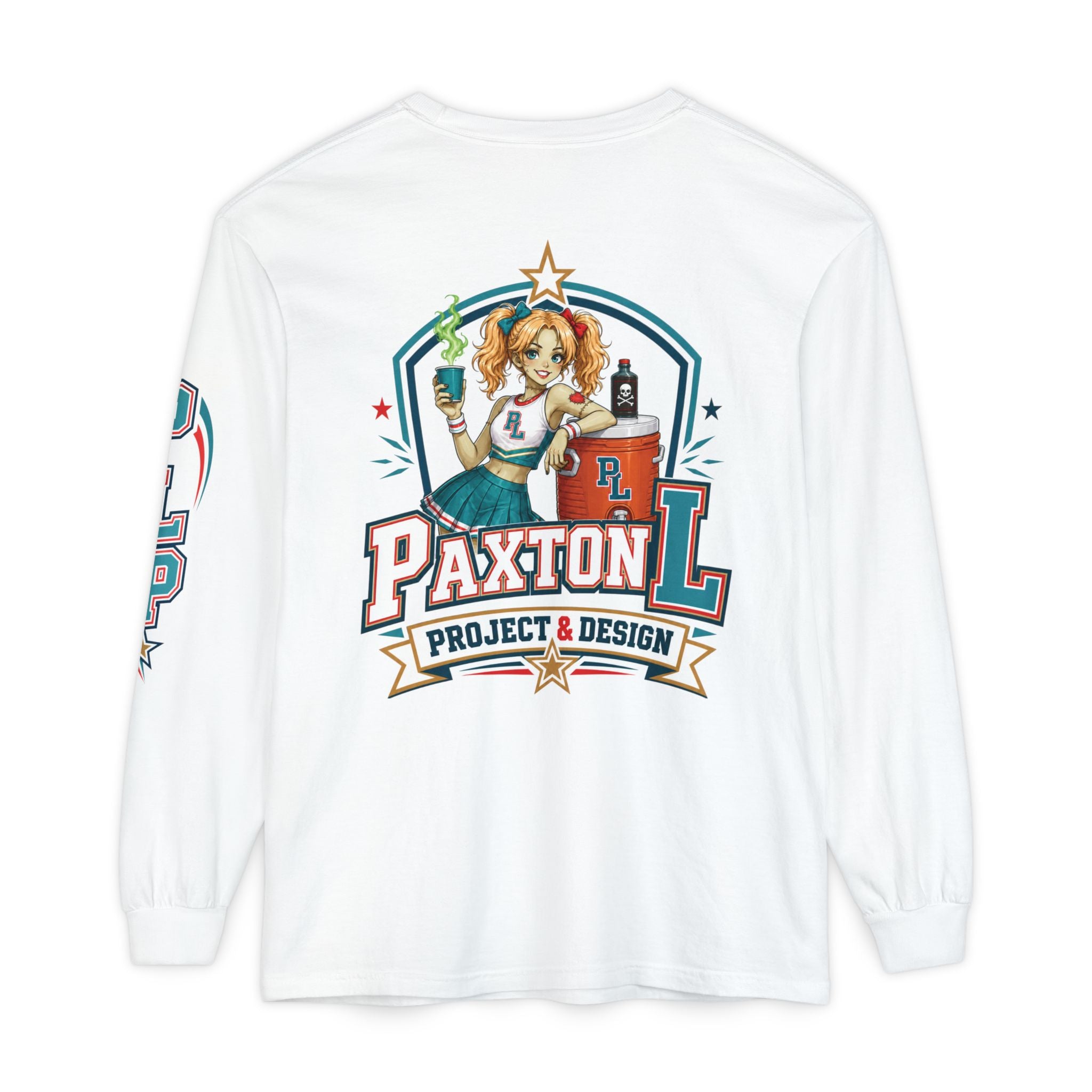 A white long-sleeve t-shirt shown from the back, featuring a large graphic print of a zombie cheerleader-style pin-up girl leaning on water cooler with the text 'PAXTON L PROJECT & DESIGN'.