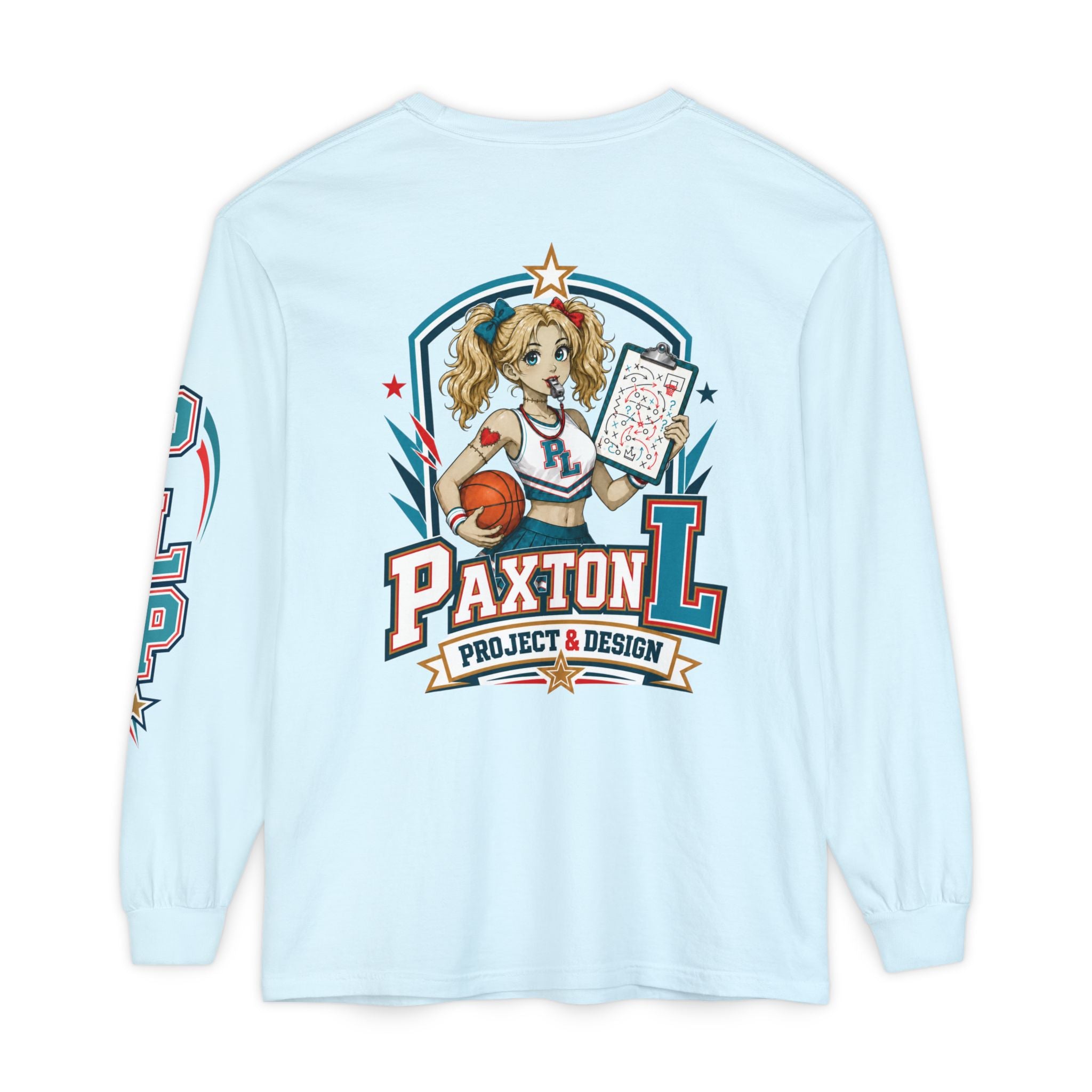 A light blue long-sleeve t-shirt shown from the back, featuring a large graphic print of a zombie cheerleader-style pin-up girl holding a basketball with the text 'PAXTON L PROJECT & DESIGN'.