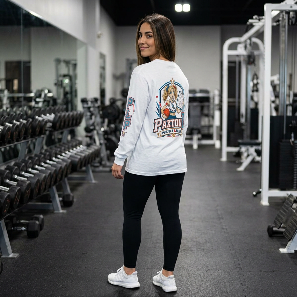 A woman in a gym wearing a Zora Paxie zombie cheerleader graphic shirt, paired with black leggings and white sneakers.