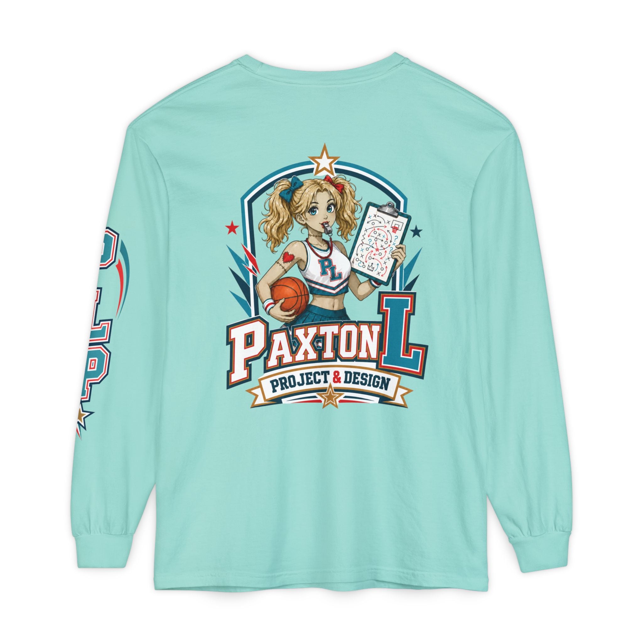 A light green long-sleeve t-shirt shown from the back, featuring a large graphic print of a zombie cheerleader-style pin-up girl holding a basketball with the text 'PAXTON L PROJECT & DESIGN'.