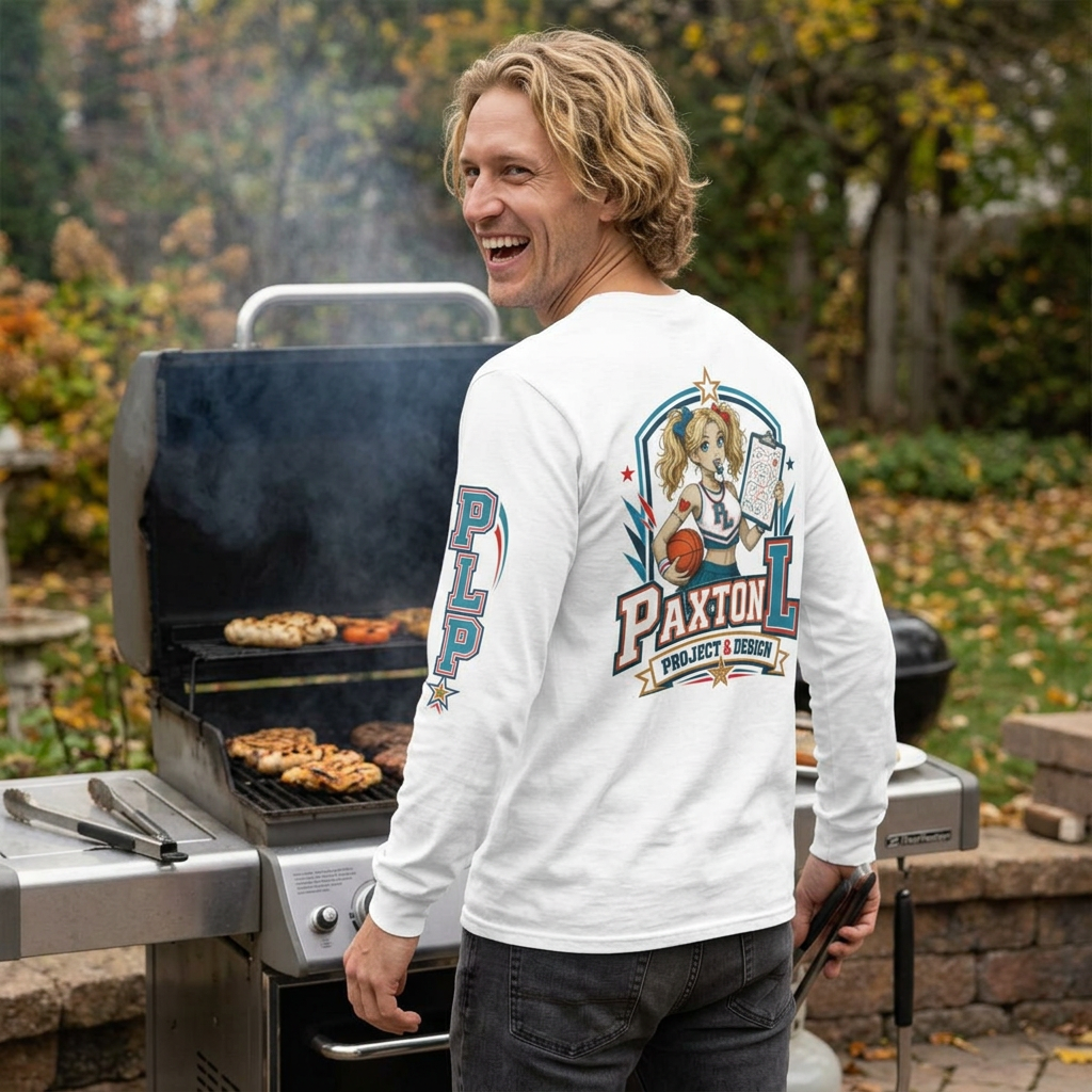 A man grilling outdoors wearing a Zora Paxie zombie cheerleader graphic shirt.