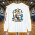 A white long-sleeve t-shirt shown from the back, featuring a large graphic print of a zombie cheerleader-style pin-up girl holding a basketball with the text 'PAXTON L PROJECT & DESIGN'.