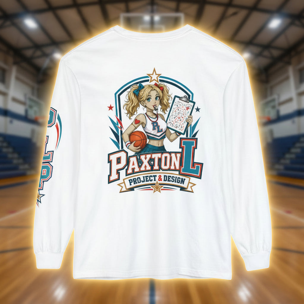 A white long-sleeve t-shirt shown from the back, featuring a large graphic print of a zombie cheerleader-style pin-up girl holding a basketball with the text 'PAXTON L PROJECT & DESIGN'.