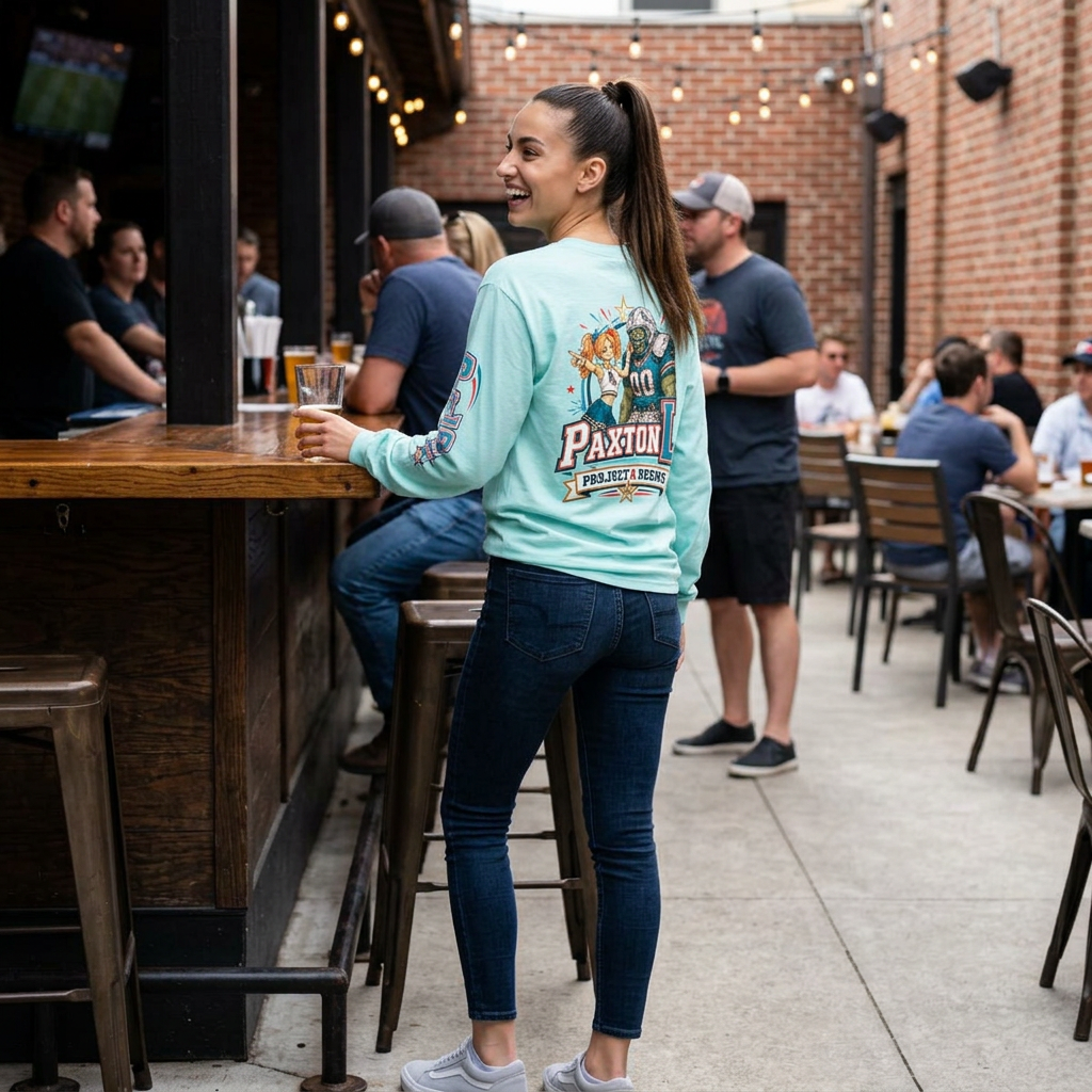 A woman stands at a bar in an outdoor patio setting, wearing a mint green Zombie Football graphic shirt with a 'PAXTON L PROJECT & DESIGN'