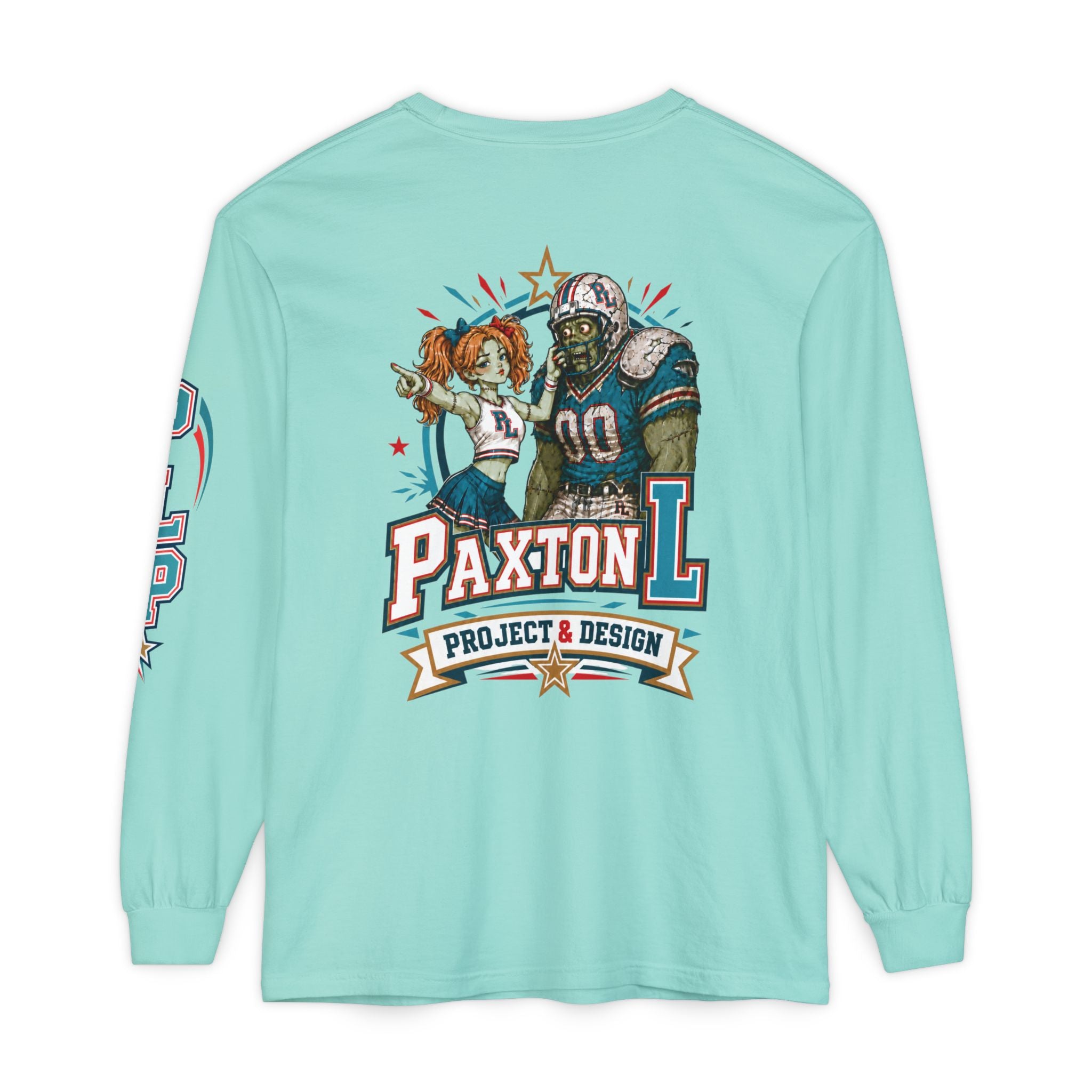 Green long-sleeve t-shirt with a colorful graphic print on the front featuring a zombie football player and a zombie cheerleader with the text 'PAXTON L PROJECT & DESIGN'.