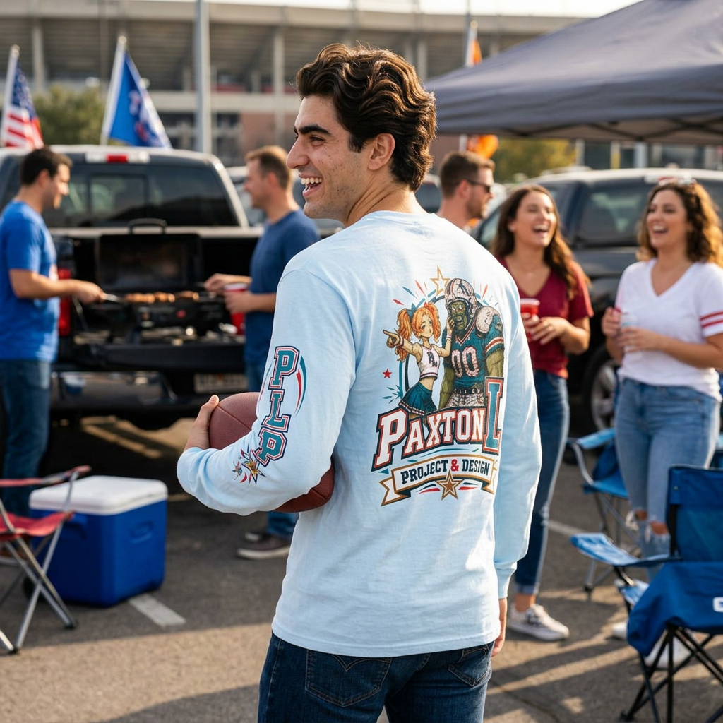 A man tailgating and wearing a light blue long-sleeve T-shirt with a large football graphic on the back and 'PAXTON L PROJECT & DESIGN'
