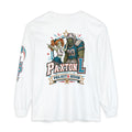 White long-sleeve t-shirt with a colorful graphic print on the front featuring a zombie football player and a zombie cheerleader with the text 'PAXTON L PROJECT & DESIGN'.