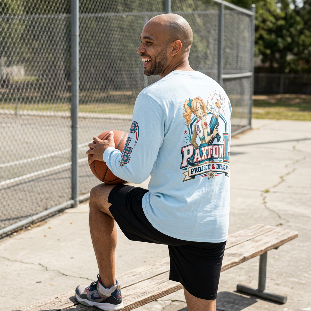 A man wearing a Zora Paxie graphic shirt is at a basketball court.