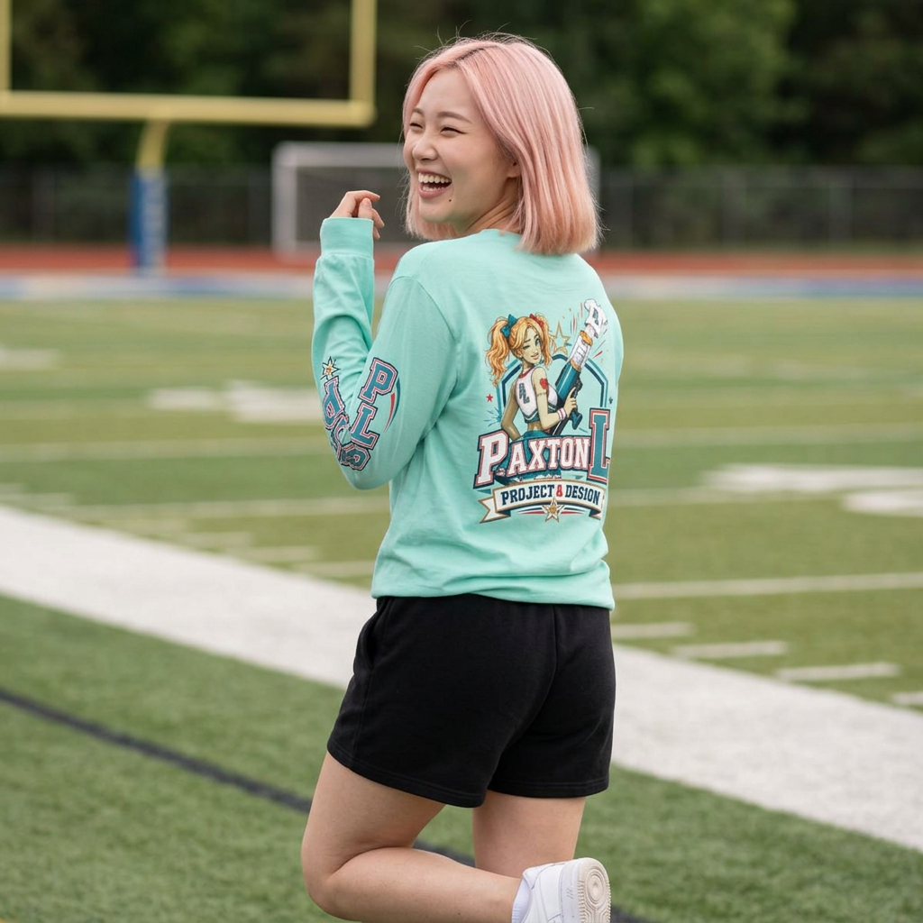 A woman with pink hair stands on a sports field wearing a Zora Paxie graphic shirt viewed from behind.