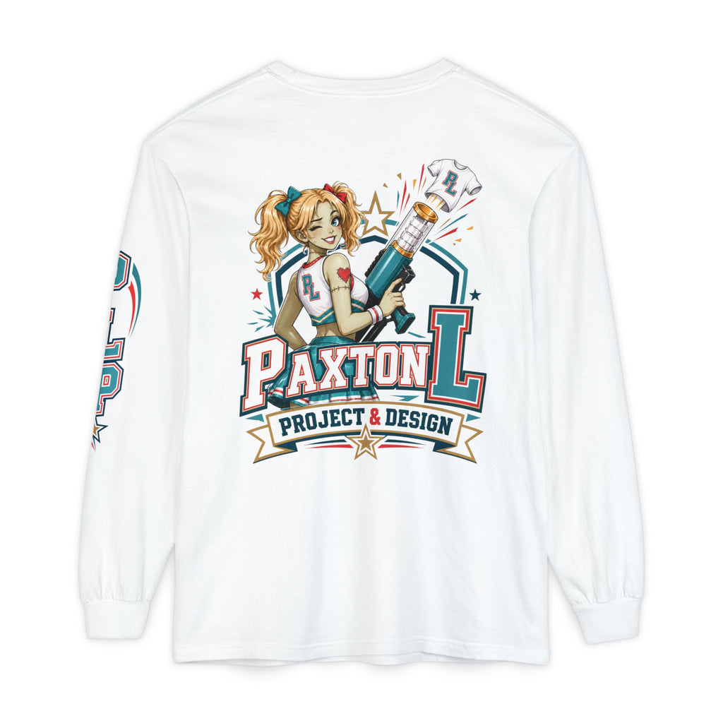 A white long-sleeve t-shirt shown from the back, featuring a large graphic print of a zombie cheerleader-style pin-up girl holding a shirt launcher, with the text 'PAXTON L PROJECT & DESIGN'.